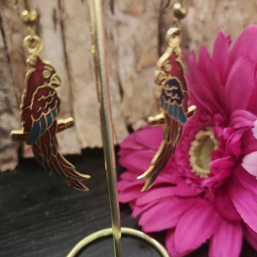 Vintage 80s Enamel Colorful Parrot Earrings